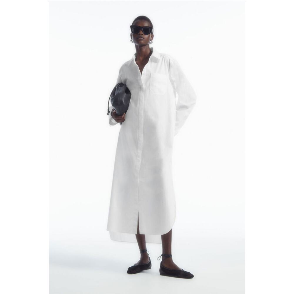 COS Cotton Poplin Collared Midi Shirt Dress - White - US 2